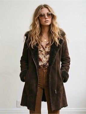 Vintage Y2K Dark Brown Faux-Suede Shearling Coat